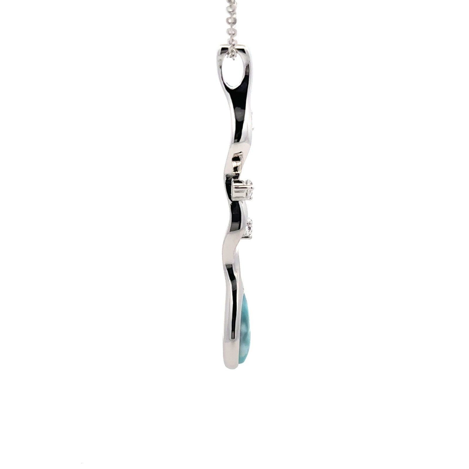 Sterling Silver Larimar And CZ Necklace (3/8 x 2 Inch)–Chain 18+1 Inch