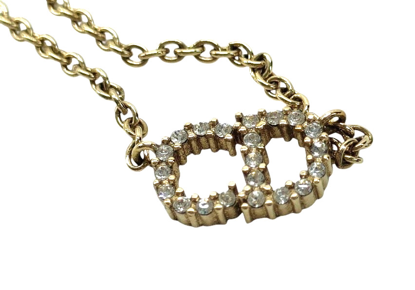 DIOR Necklace CD Logo Clair D Lune Gold Color Crystal Very Good Cond Authentic