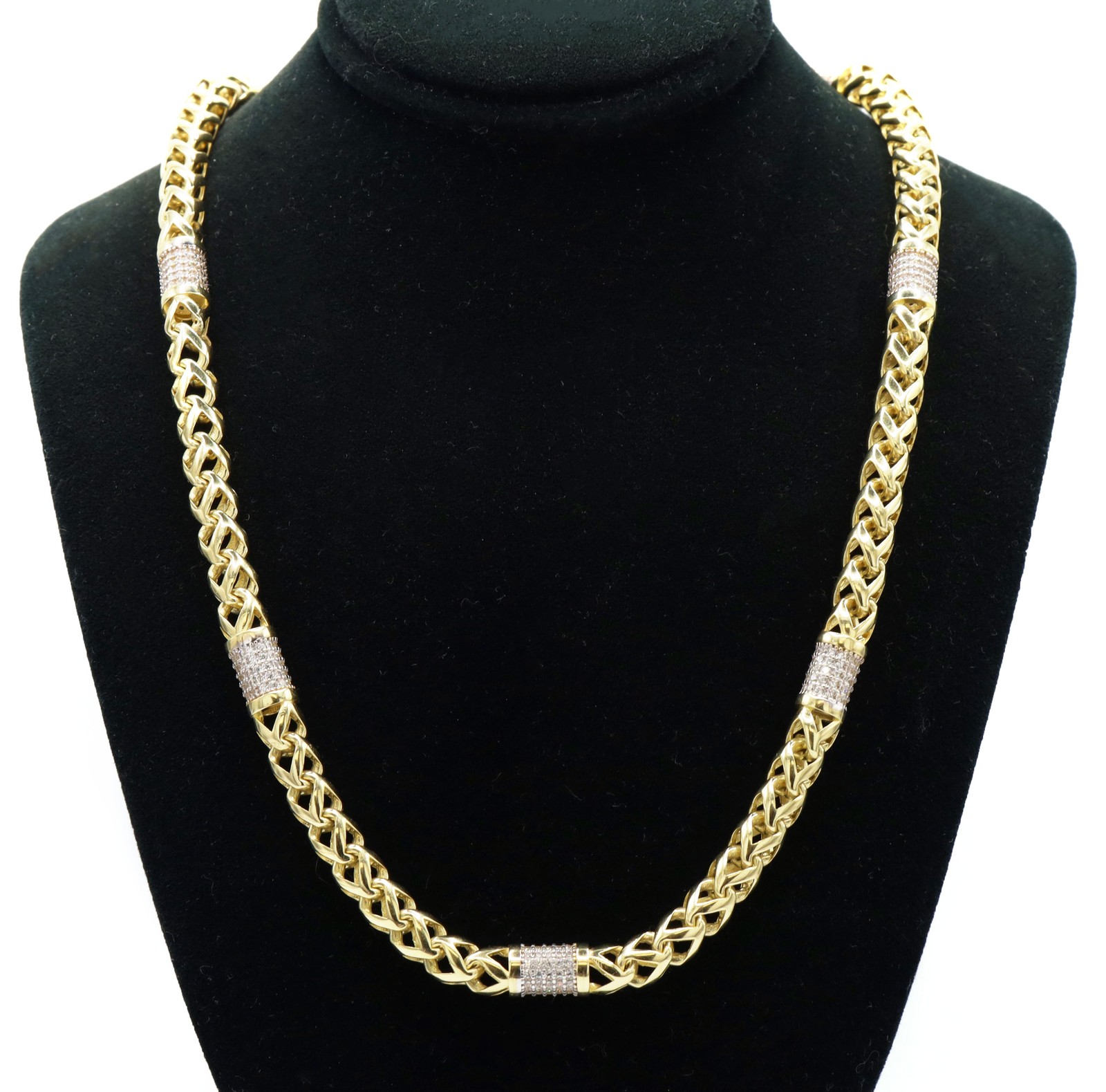 Diamond Pave Barrel Franco Wheat 14K Yellow Gold Link Mens Unisex Chain 60.1g