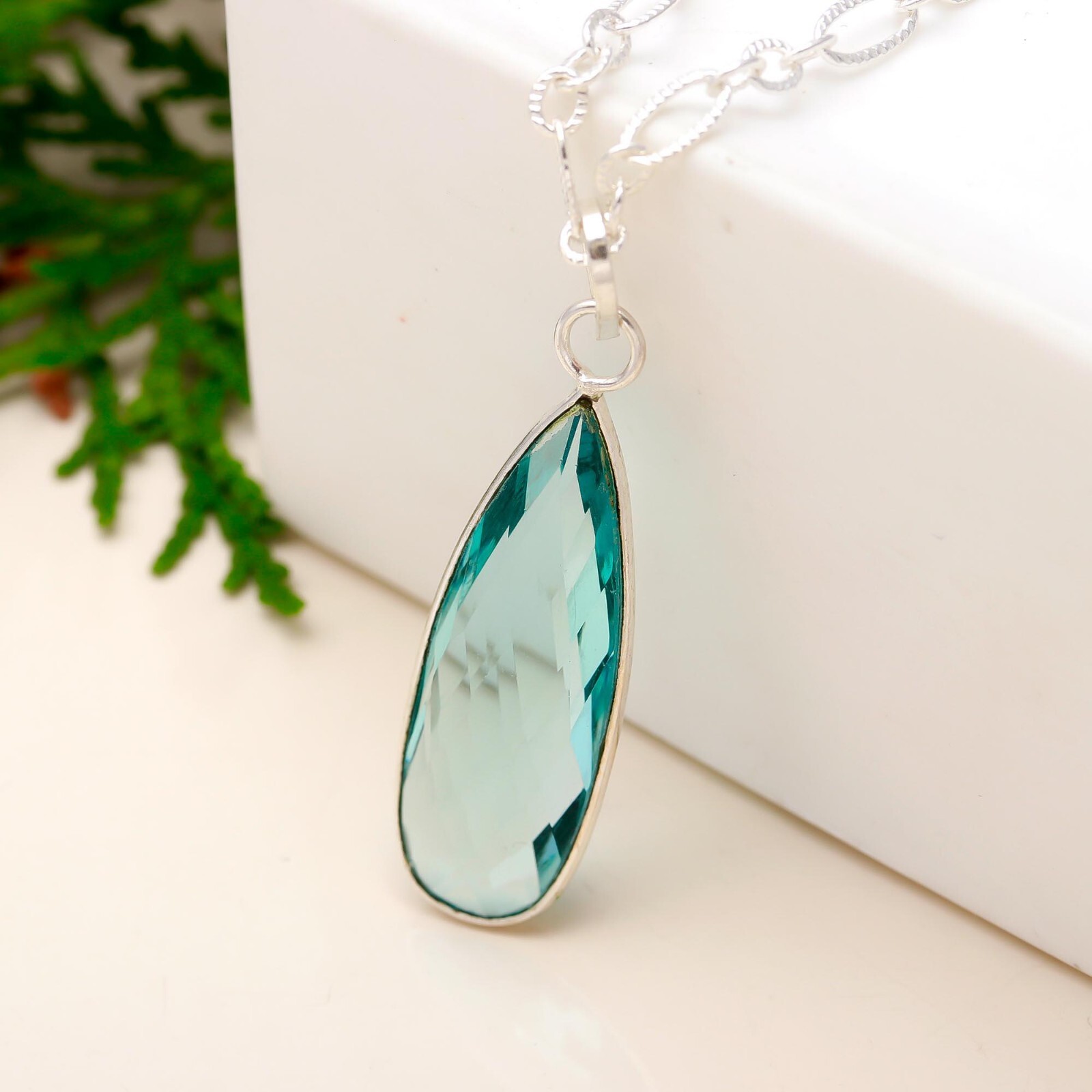 Blue Topaz Gemstone Drop Necklace 925 Sterling Silver Chain Pendant Necklace 18″
