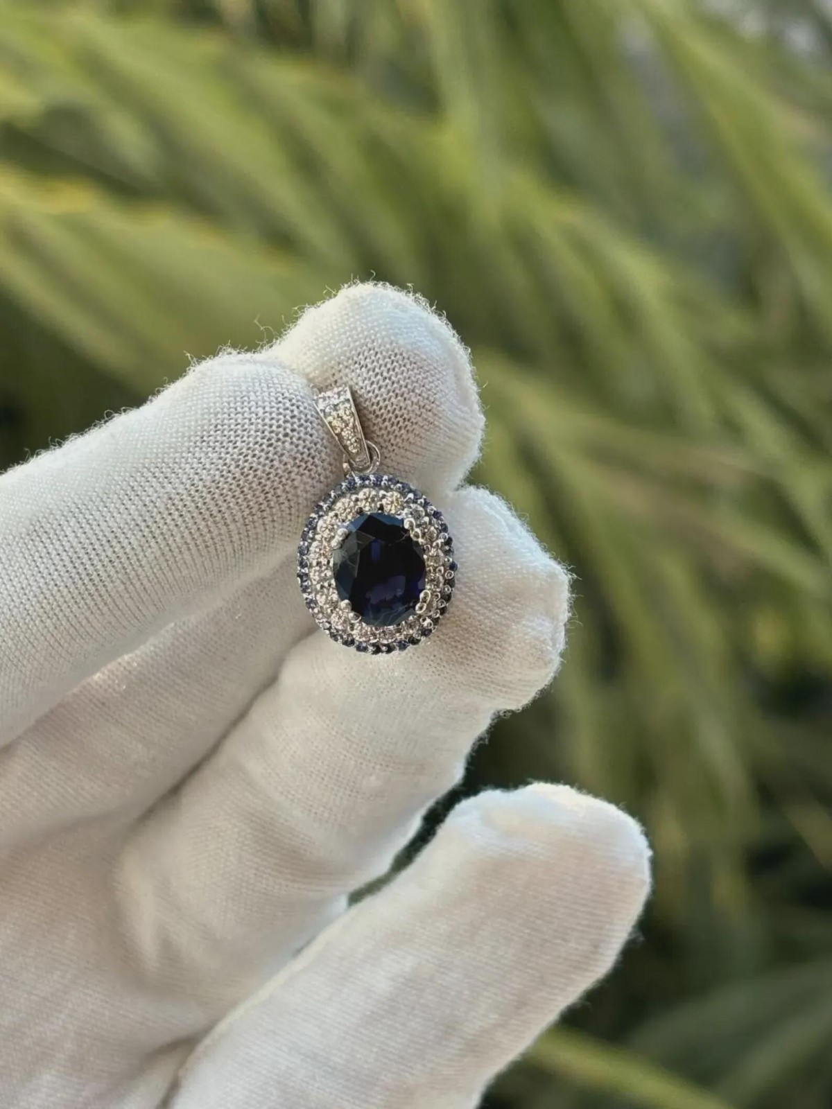 2 Ct Lab Created Oval Cut Halo Blue Sapphire Women Pendant 14K White Gold Plated