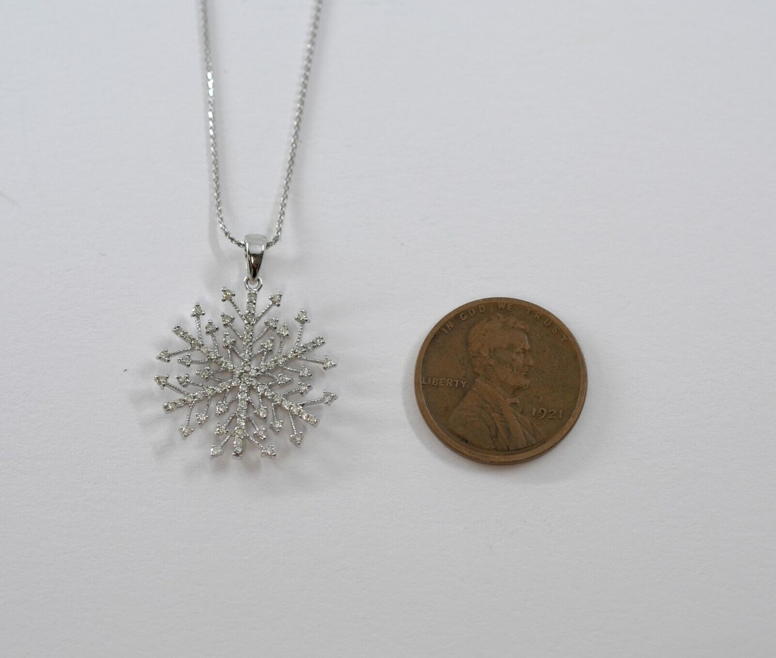 0.55CTW Diamond Snowflake Necklace 14 Karat White Gold 18″ Wheat Chain 32 x 25MM