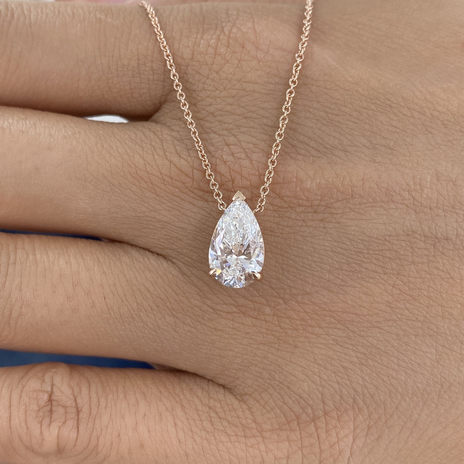 2ct Pear Pendant Necklace Rose Gold 14K Labcreated Diamond E/VVS2 Cert