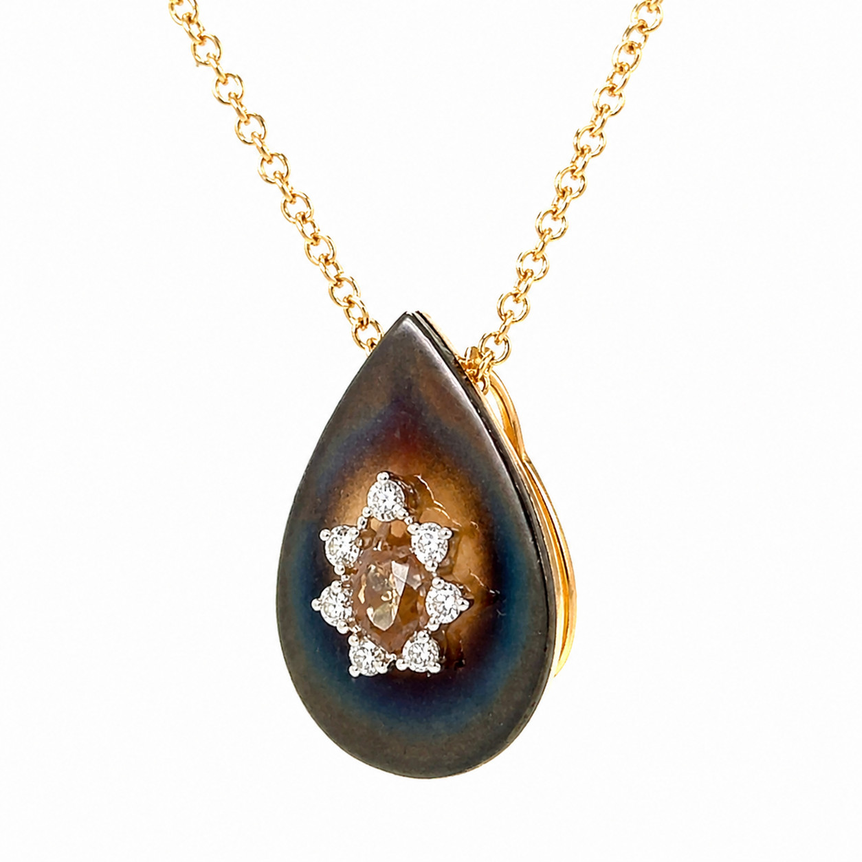Natural Diamond Lotus Pendant Necklace 14K Yellow Gold, Floral Diamond Necklace