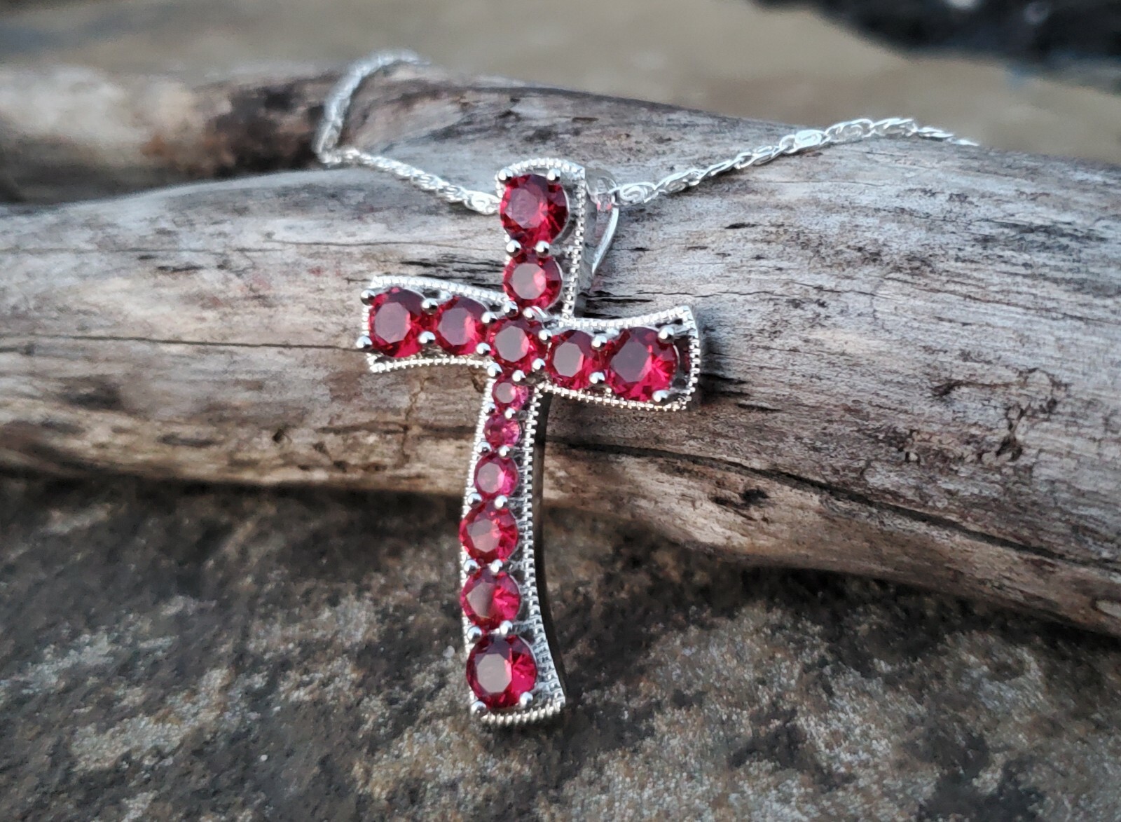 Sterling Silver 925 Raspberry Rhodolite Garnet Cross Pendant Chain Necklace NEW