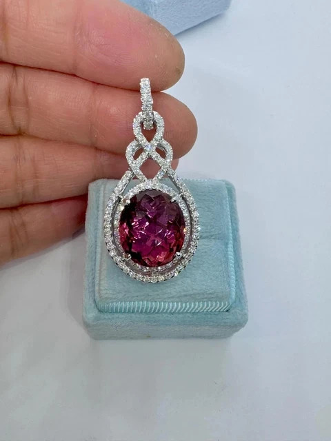 3.00Ct Oval Cut Lab Created Pink Tourmaline Halo Pendant 14K White Gold Plated
