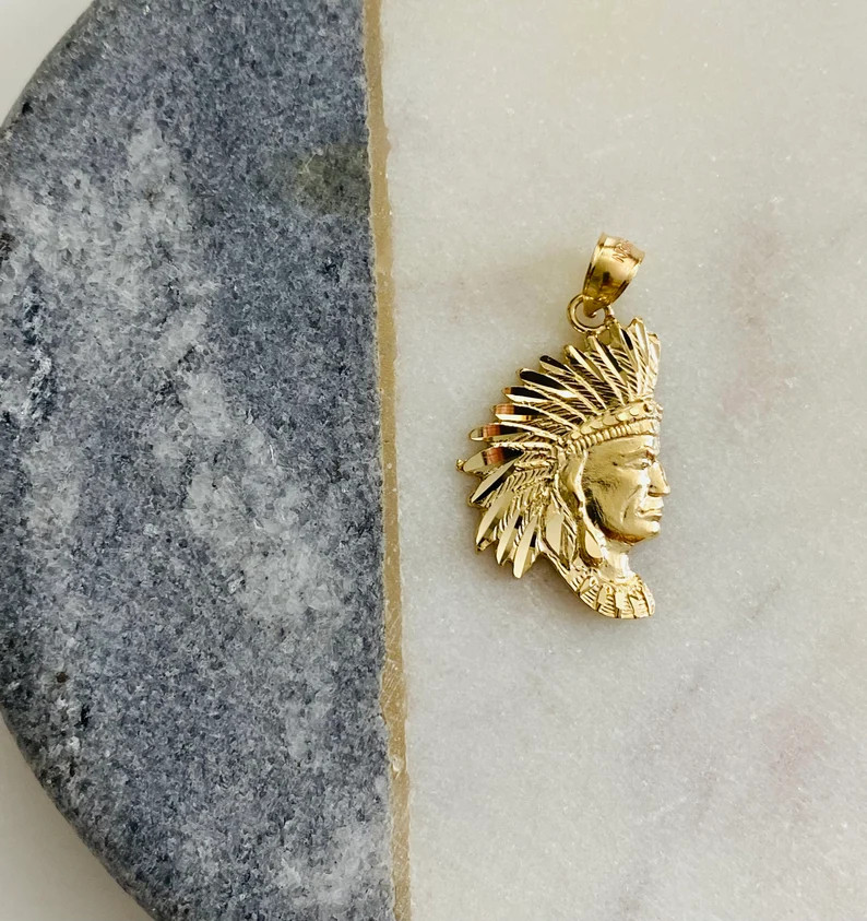 14K Solid Gold Indian Head 1.2″ Pendant, 14K Gold Chief Face Head Charm- PT1609