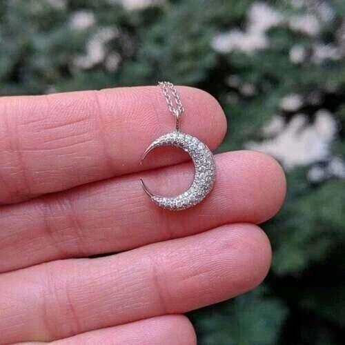 1.22Ct Round Cut Lab Created Diamond Moon Shape Pendant 14k White Gold Plated
