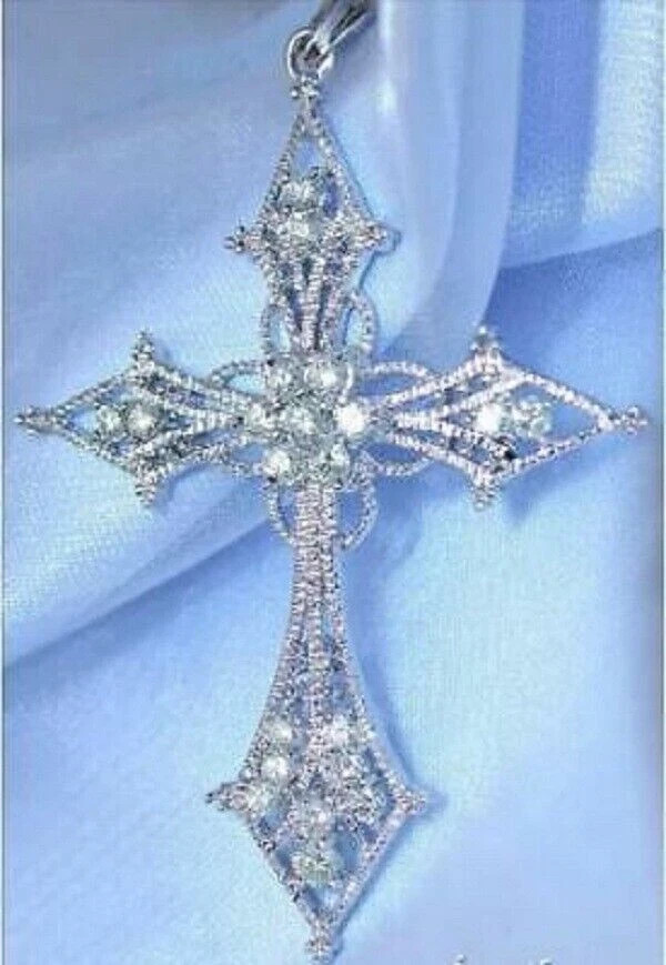 1.30Ct Round Cut Diamond Cross Necklace Pendant Free Chain 14K White Gold Finish