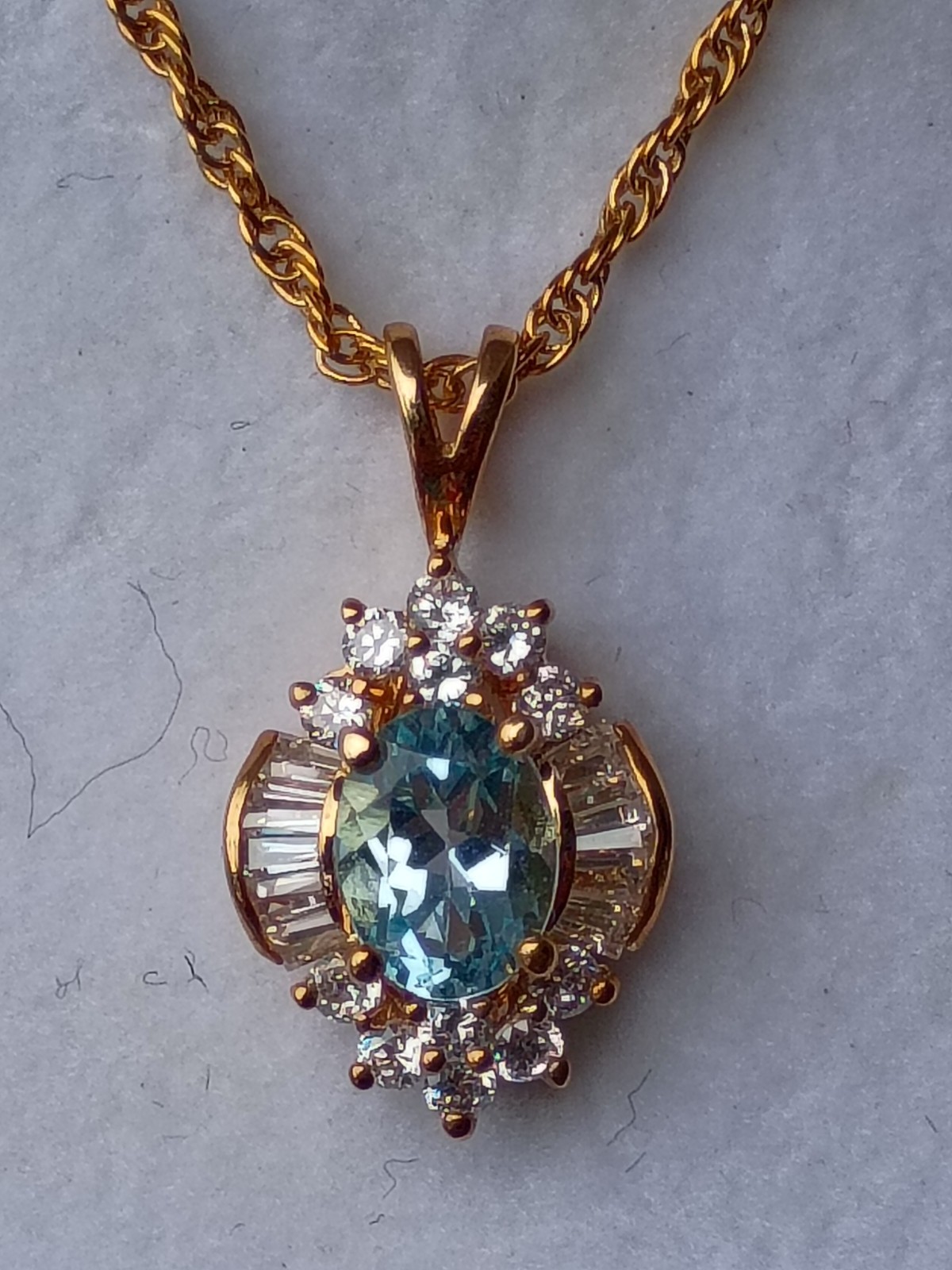 Vintage Blue Topaz Necklace With Cubic Zirconias 14K Gold Plate – New