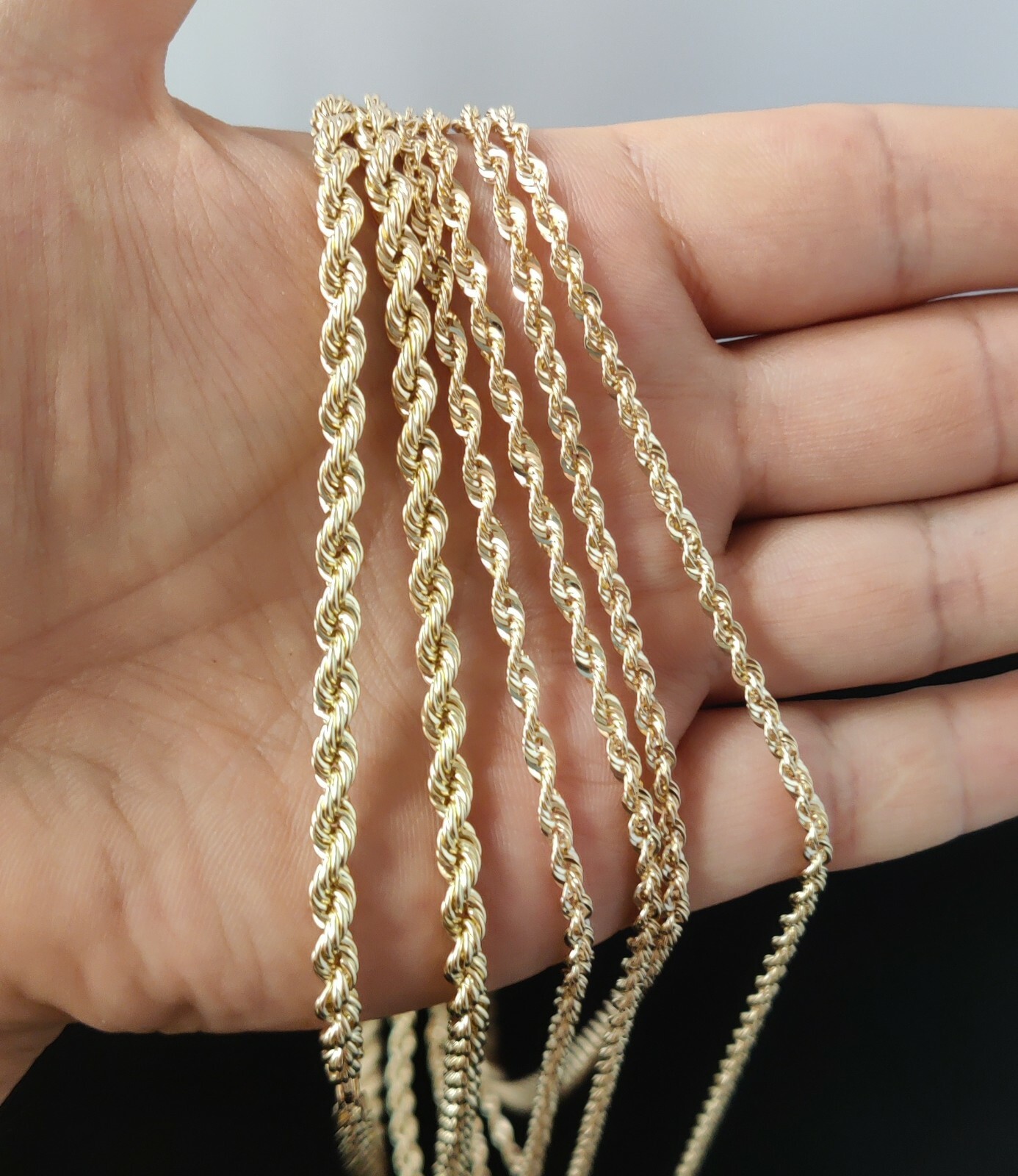 10K Gold Rope Chain Necklace 1.8mm 2.6mm 3.2mm 4.8mm 18-26 inches, Diamond Cut