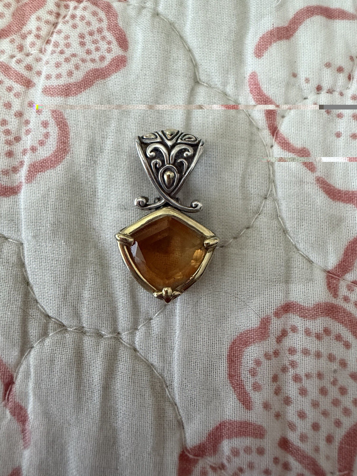 John Hardy citrine pendant W/intricate filigree sterling silver & 18K gold