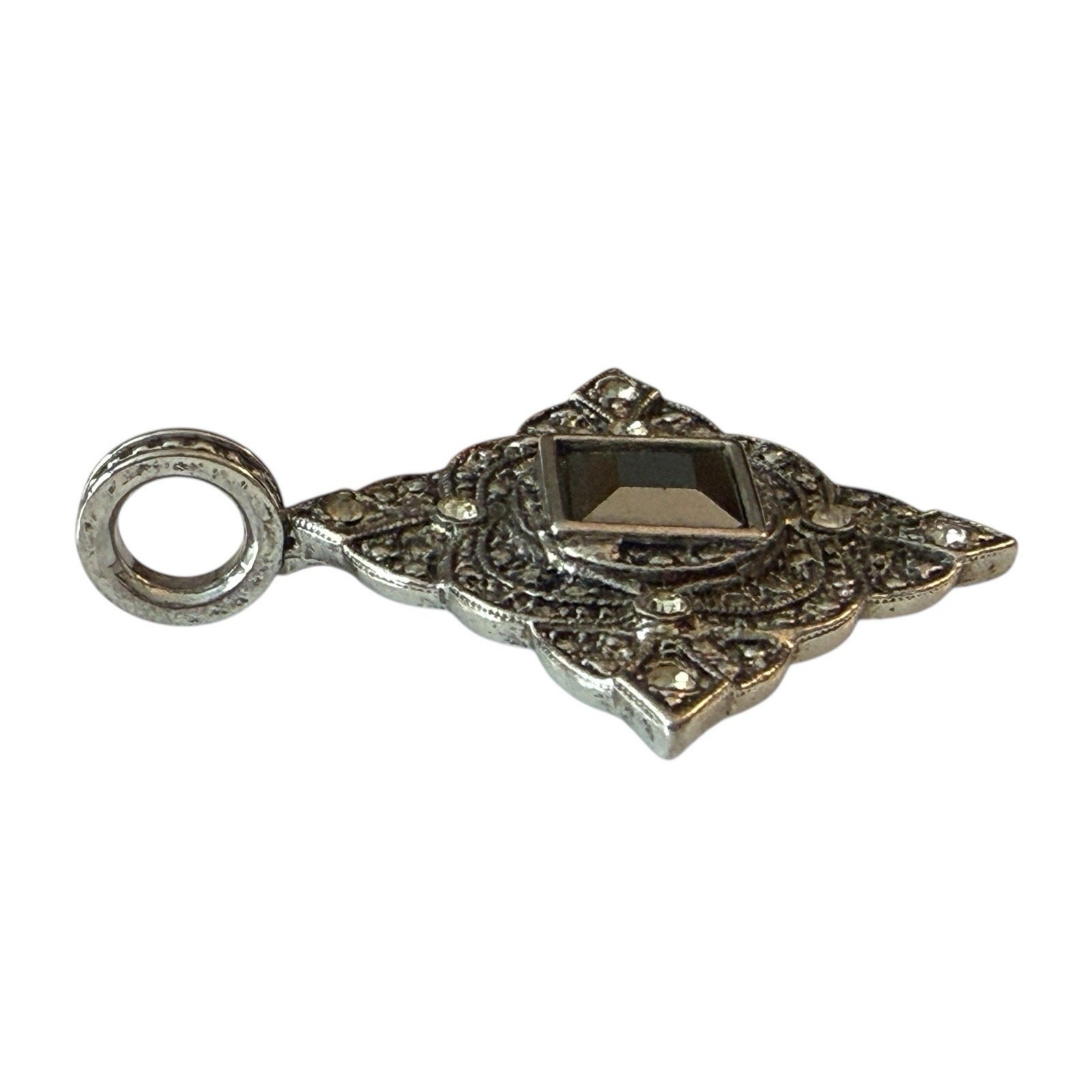 Sterling Silver Marcasite Crystal Pendant Black Antiquing Diamond Shaped