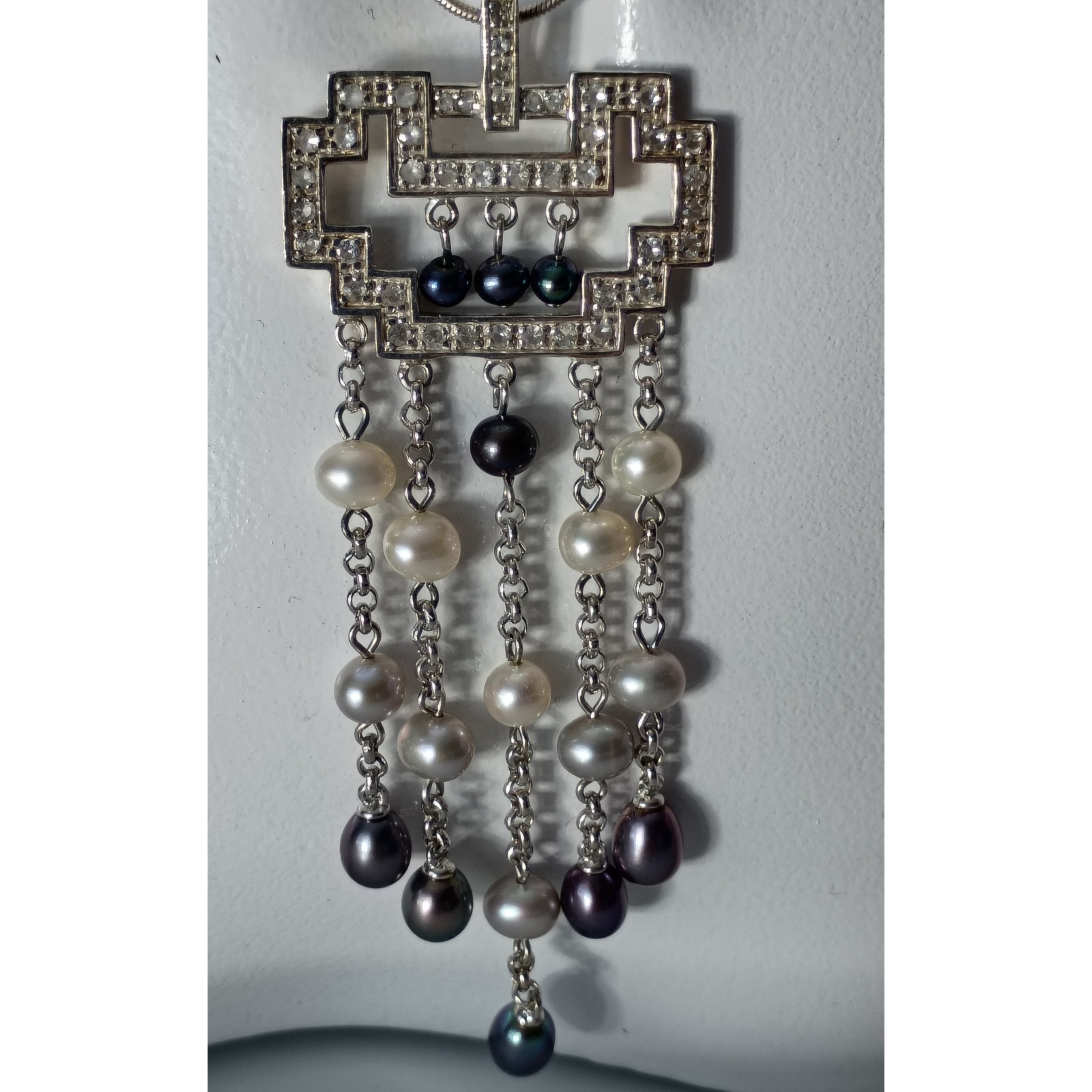 925 Sterling Silver & Pearl Deco Style Dangle Pendant Necklace 19″