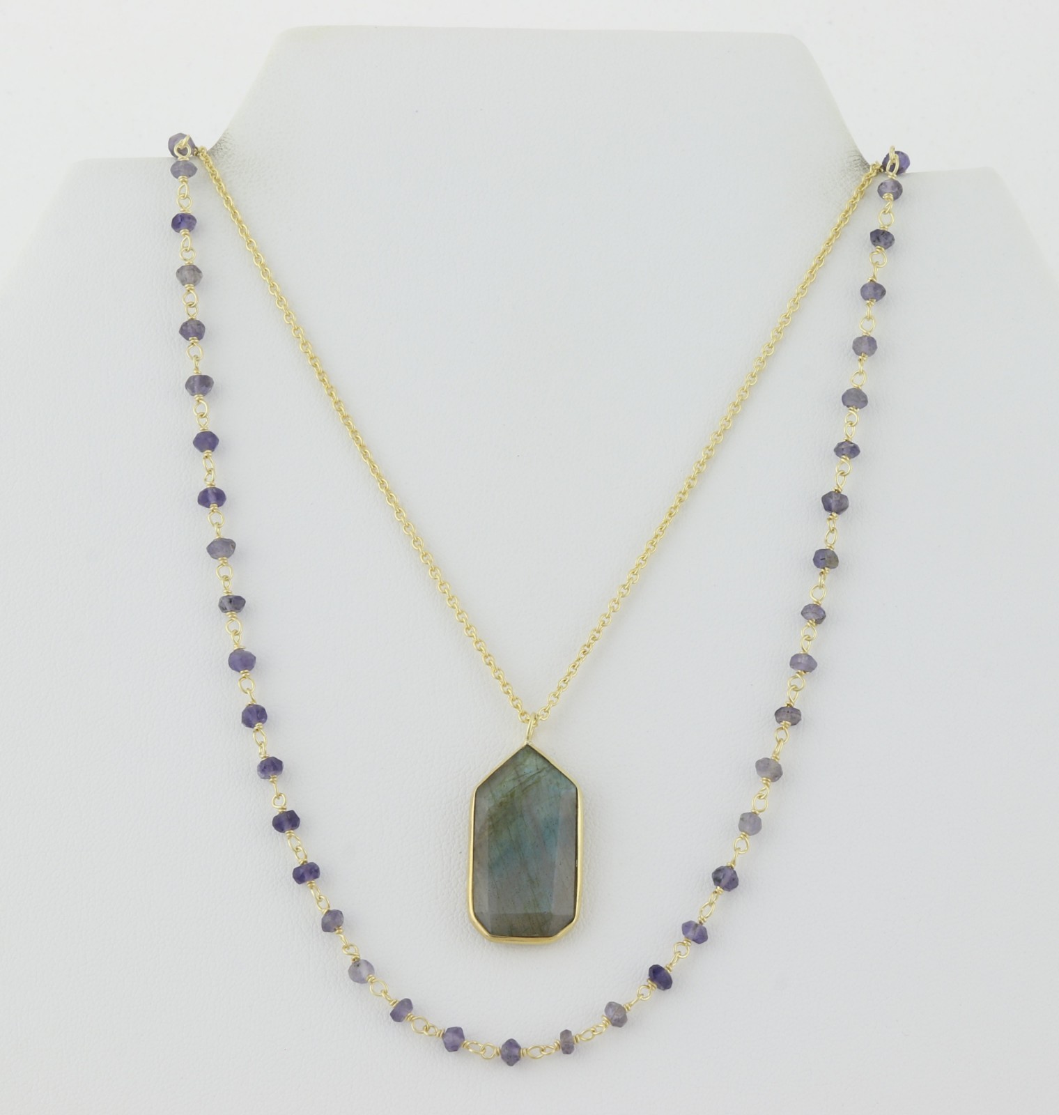 18k Gold Over Sterling Silver Long Labradorite Layered Necklace 30″
