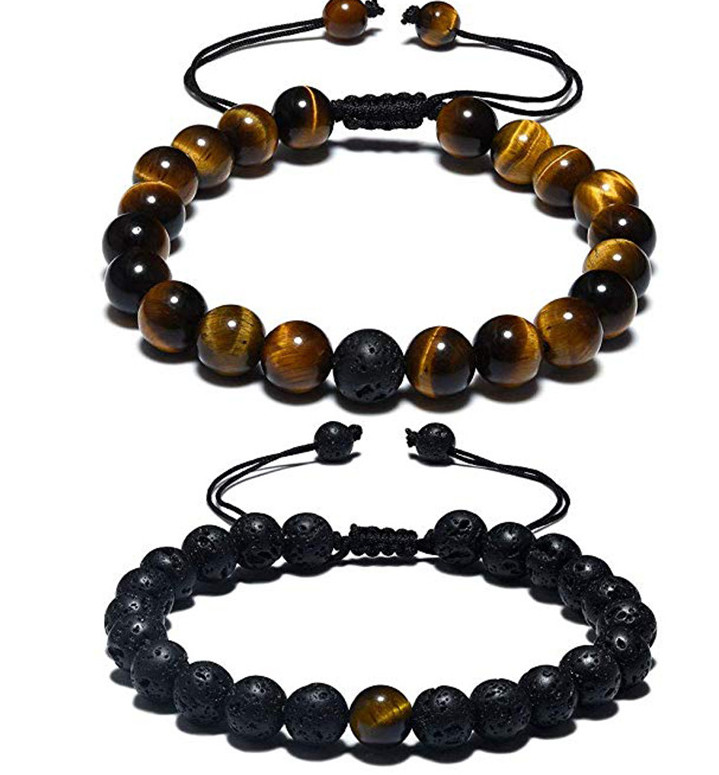 2PCS 8mm Triple Bracelets Adjustable Natural Tiger Eye Lava Rock Beaded Bracelet