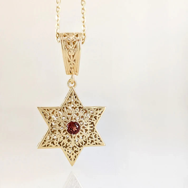 Star of David Filigree Pendant with Garnet or Citrine â€“ Optional Chain
