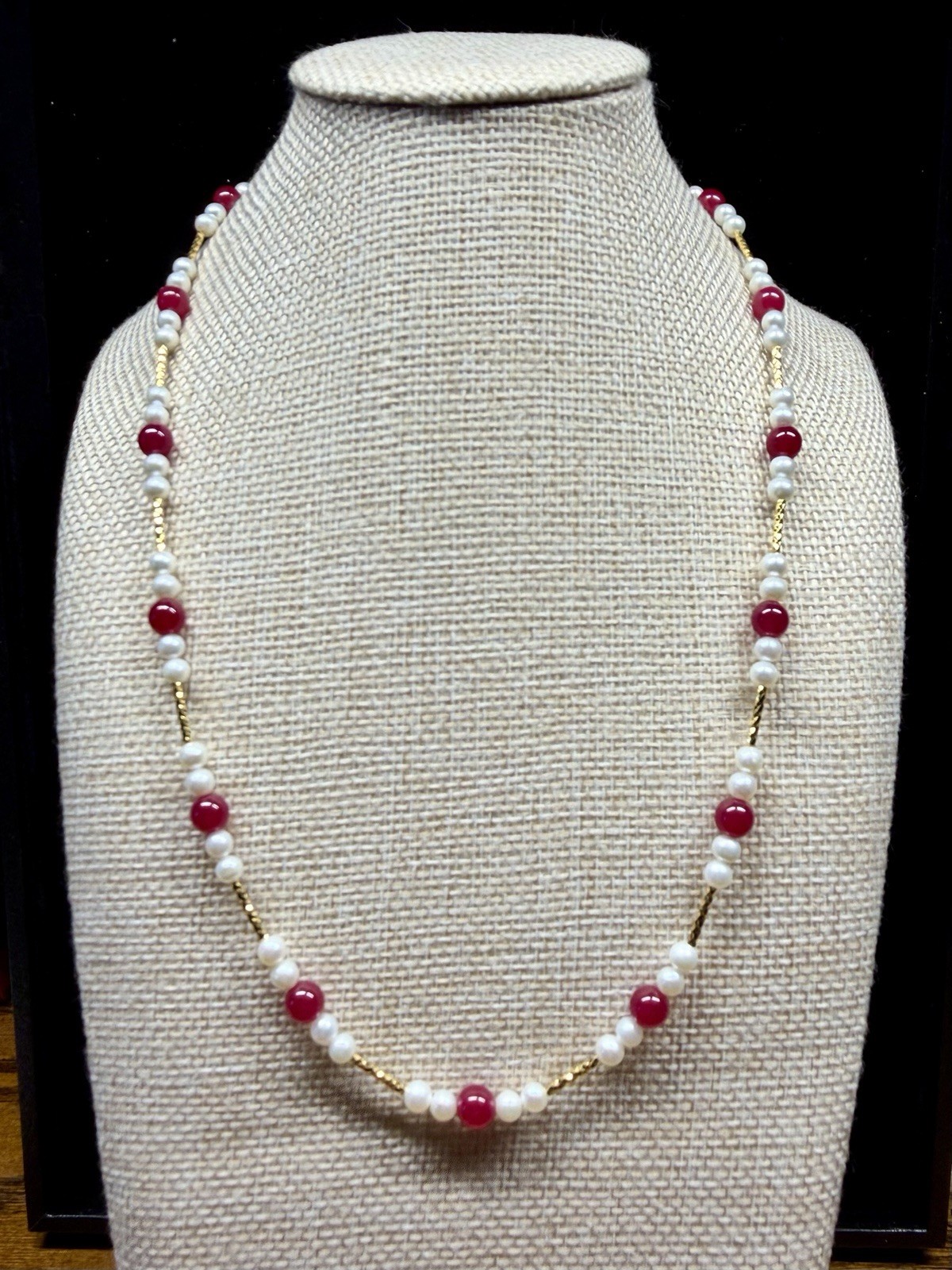 Ruby w/ Natueal cultured Pearl Necklace 925 Solid Sterling Silver Gold Plated