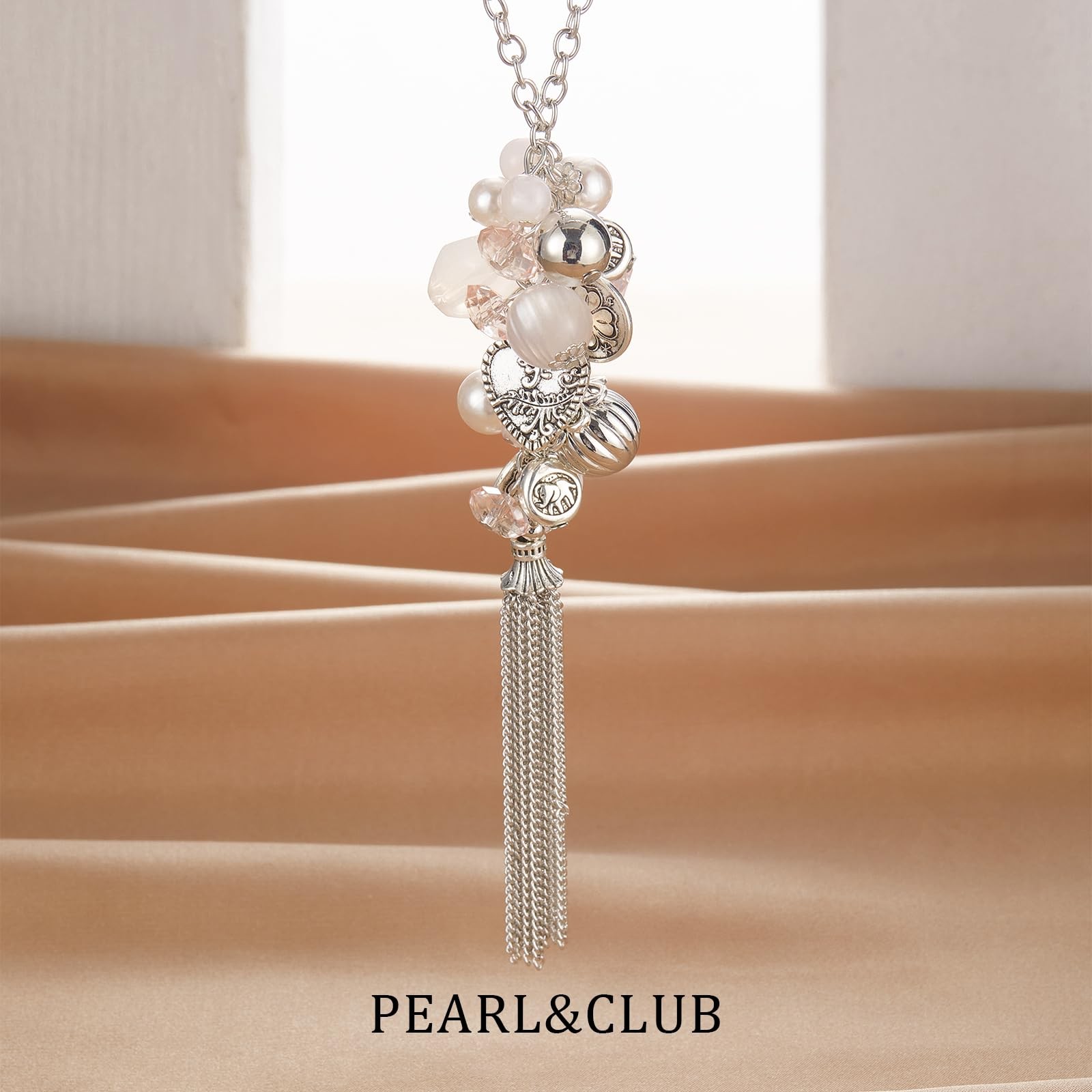 Silver Long Tassel Necklaces for Women Boho Chain Necklace with Tassel Beaded Pe