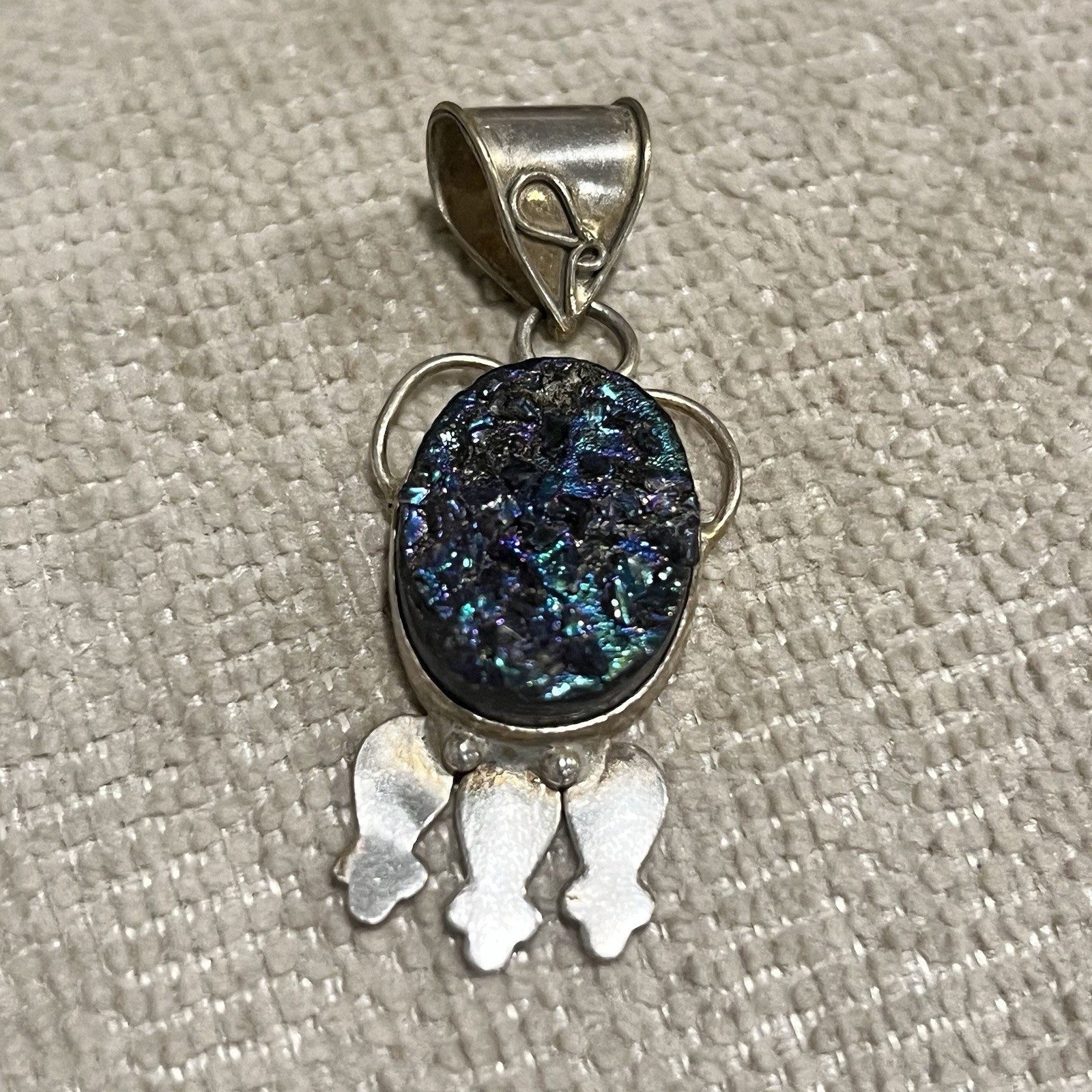 Vintage Sterling 925 Artisan Handcrafted Blue Purple Druzy Quartz Pendant