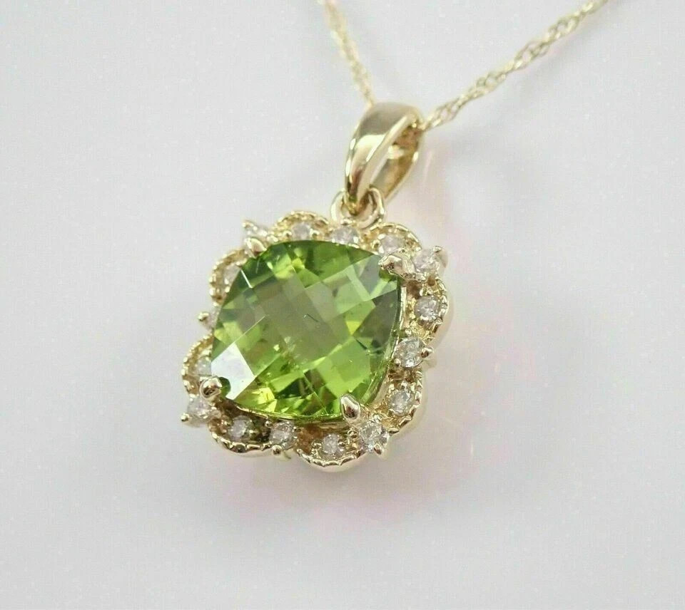 3Ct Cushion Cut Peridot Halo Beauty Pendant 14K Yellow Gold Finish