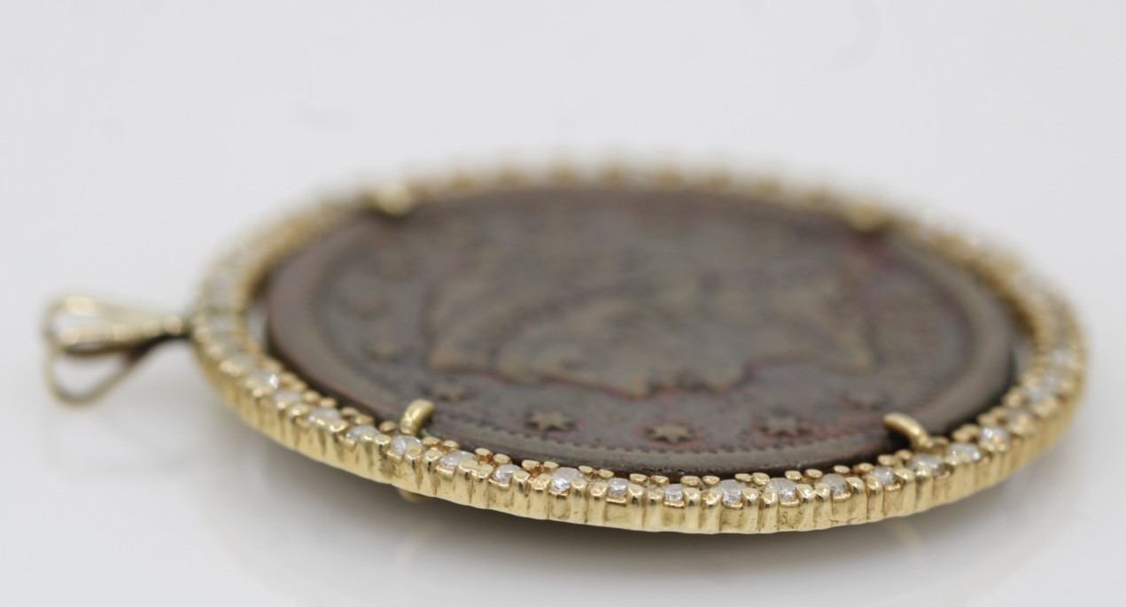 1853 US Braided Hair Large One Cent w/ 0.75 TCW Diamond Coin in 14k Gold Pendant
