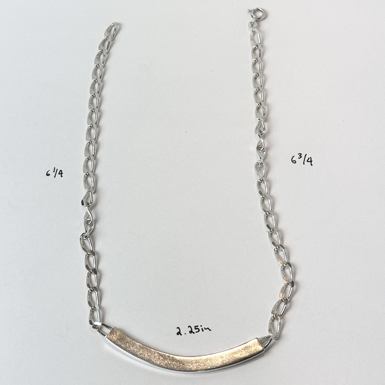 925 Solid 13in Curb Linked Choker Necklace w/ 2.25in Curved Bar/ Total L 15.25in