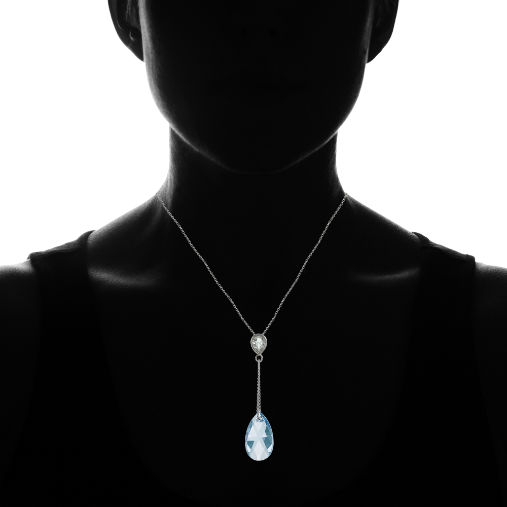 Sterling Silver Light Blue Teardrop Leaf Necklace Adorned w/ European Crystals