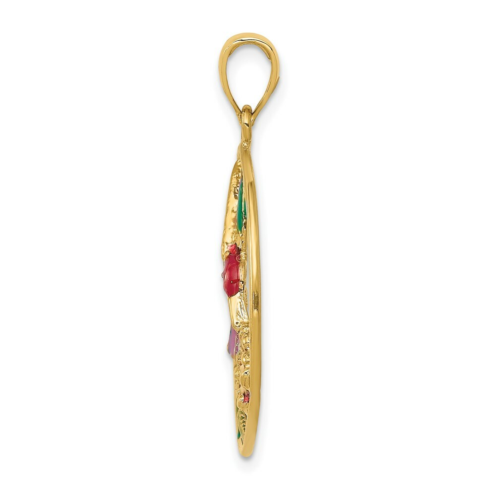 14k Yellow Gold Hummingbird & Flower in Circle Charm Pendant 1.22 Inch