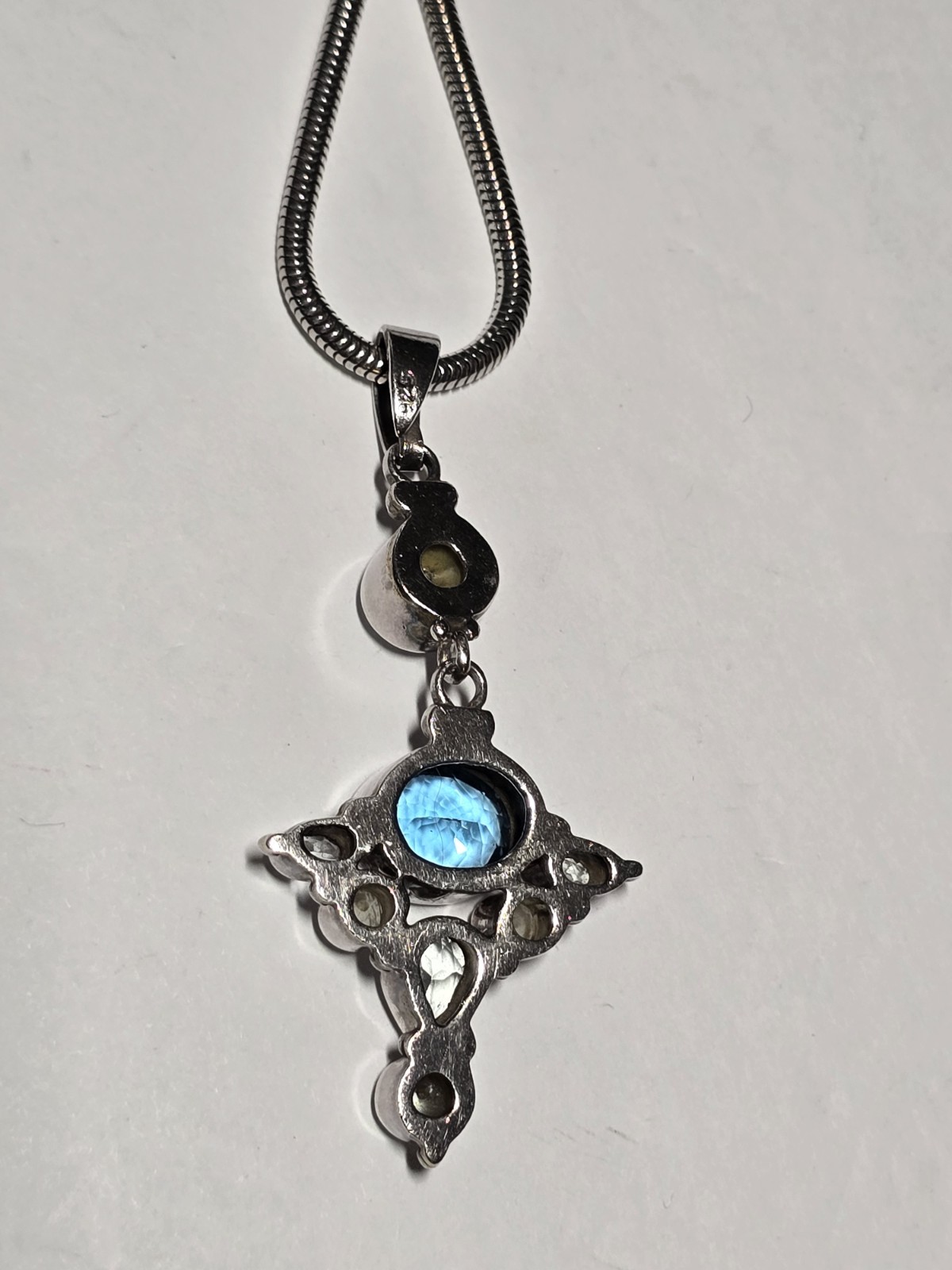 925 Sterling Silver Snake Chain Blue Stone Pearl Pendant 16″ Long