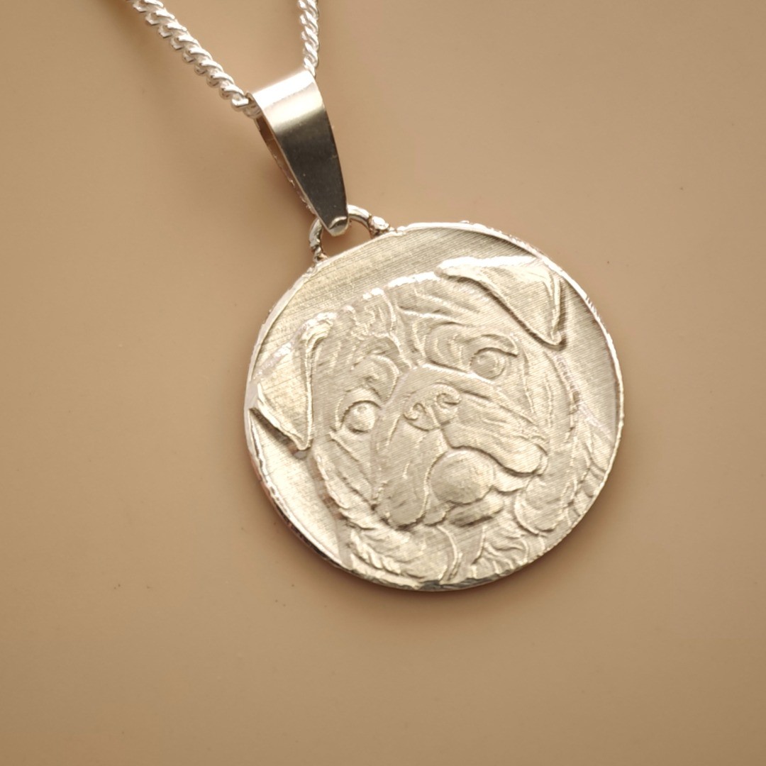 Pug Dog Necklace Sterling Silver Engraved Pet Lover Gift Handmade UK Personalise