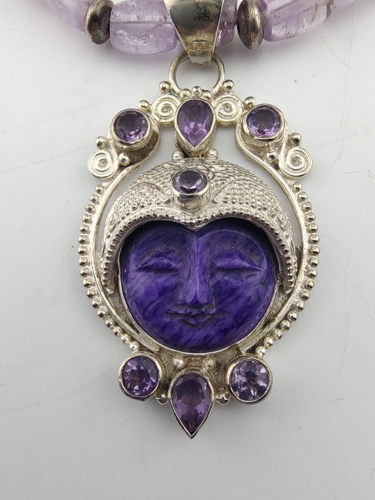 Charoite Amethyst Bead Sterl Silver Purple Goddess Gemstone Pendant Necklace 20″