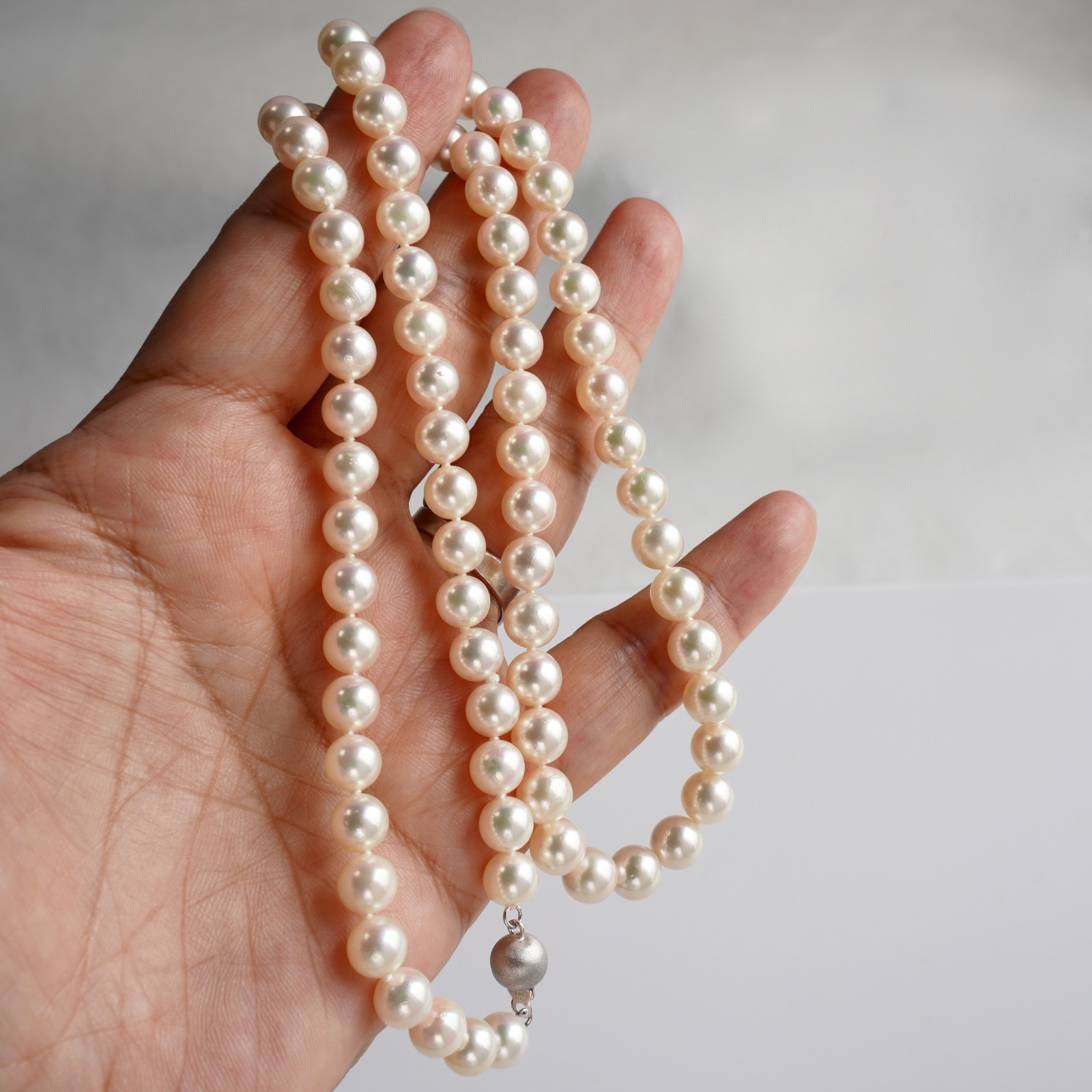 6.5-7mm Round Champagne Japanese Akoya Pearl Necklace 14K White Gold, 22.2″