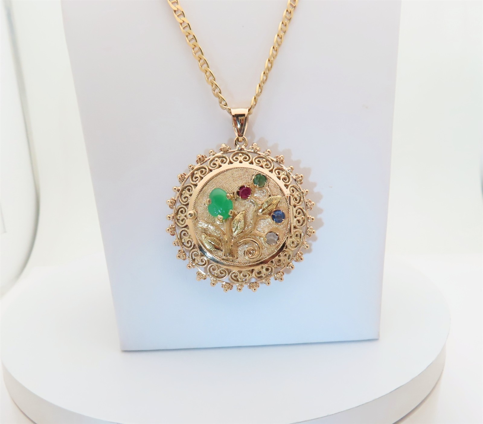18K Antique Filigree Necklace Pill Box Stash Reversible Locket Gemstone 23″ N437