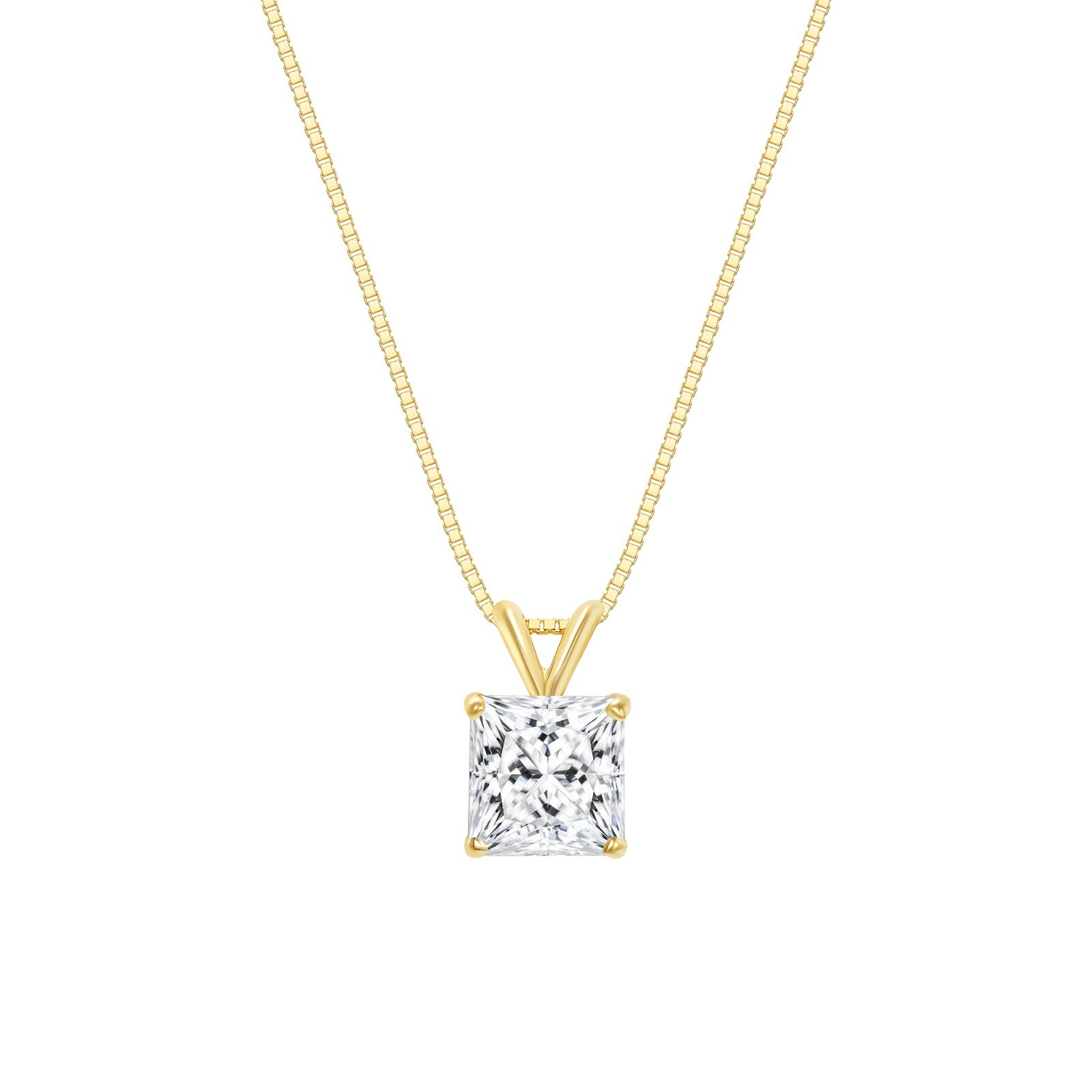 3 Ct Princess Real 14K Yellow Gold Created Diamond Solitaire Pendant Necklace