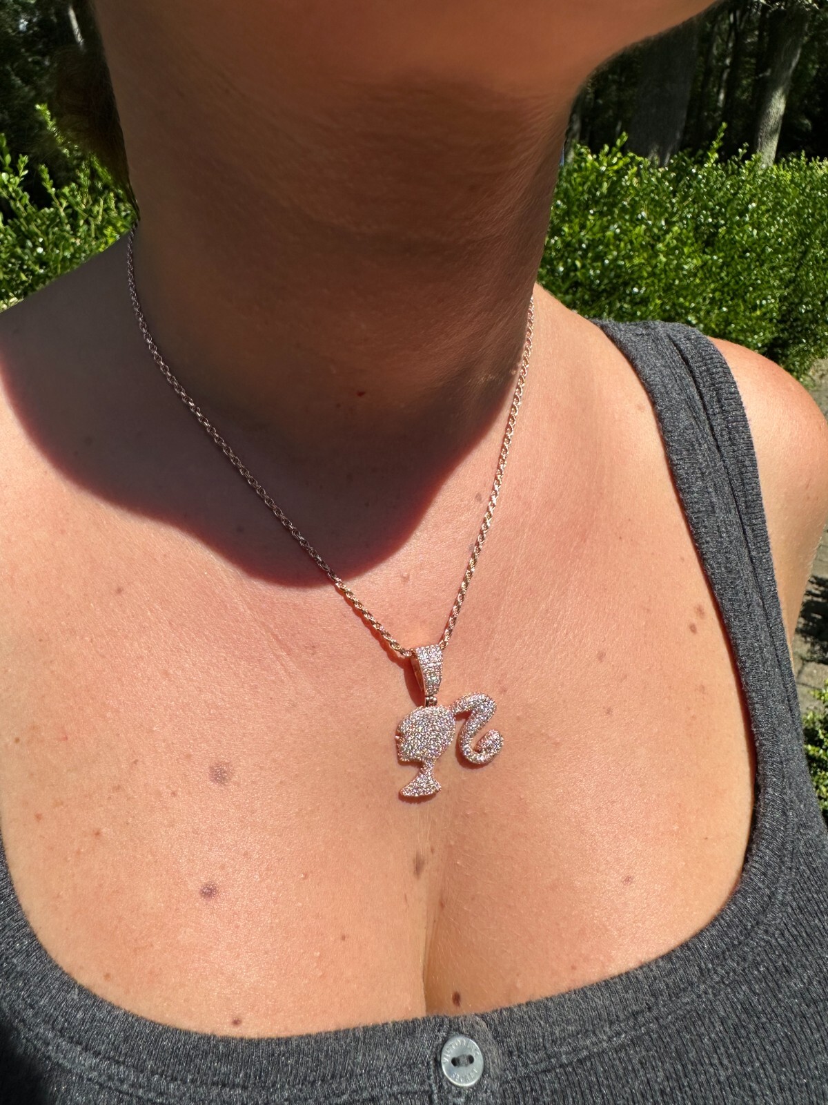 Real MOISSANITE 925 Silver Barbie Doll Pendant Necklace 14k Gold Plated Iced