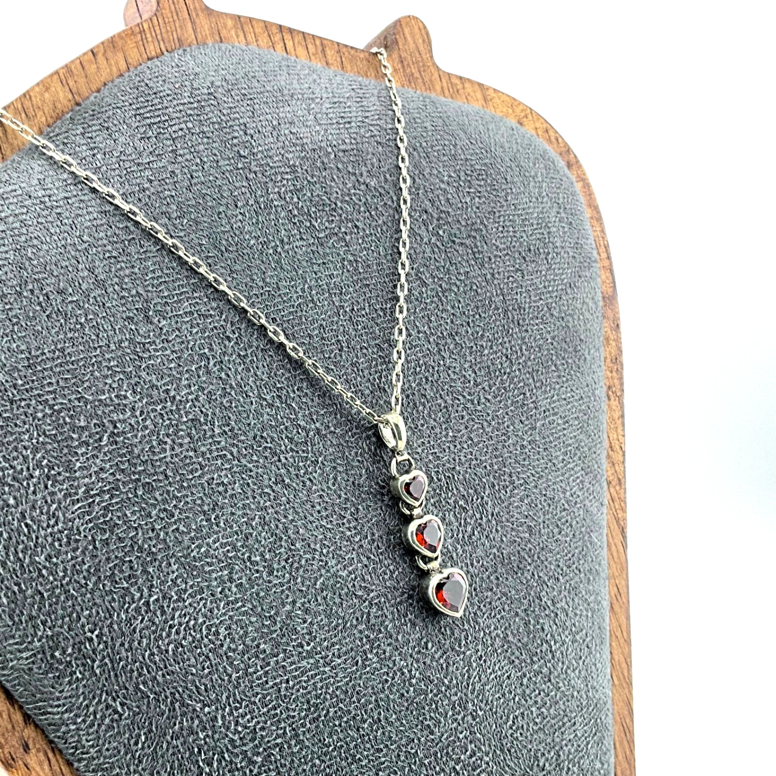 Minimalist Sterling Silver Three Heart Pendant Red Garnet with 17” Chain