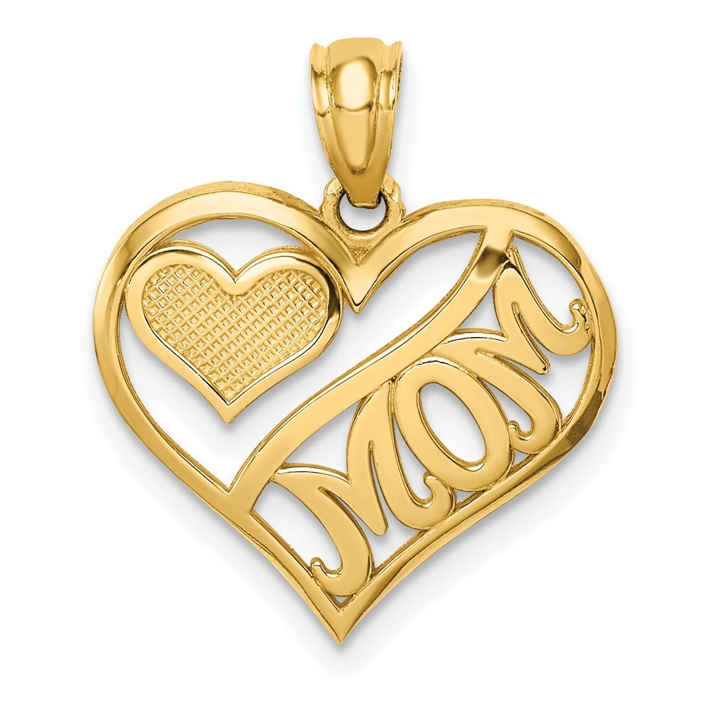 14k Yellow Gold Polished MOM In Heart Charm Charm Pendant 0.78 Inch