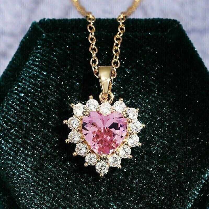 4CT Heart Lab Created Pink Sapphire Women Pendant 14K Yellow Gold Plated Silver