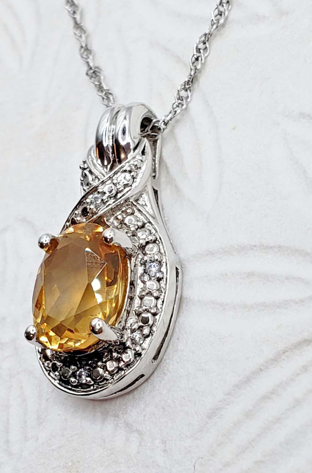 Yellow Oval Citrine & CZ Halo Pave Pendant Necklace 18″ Sterling Silver 925