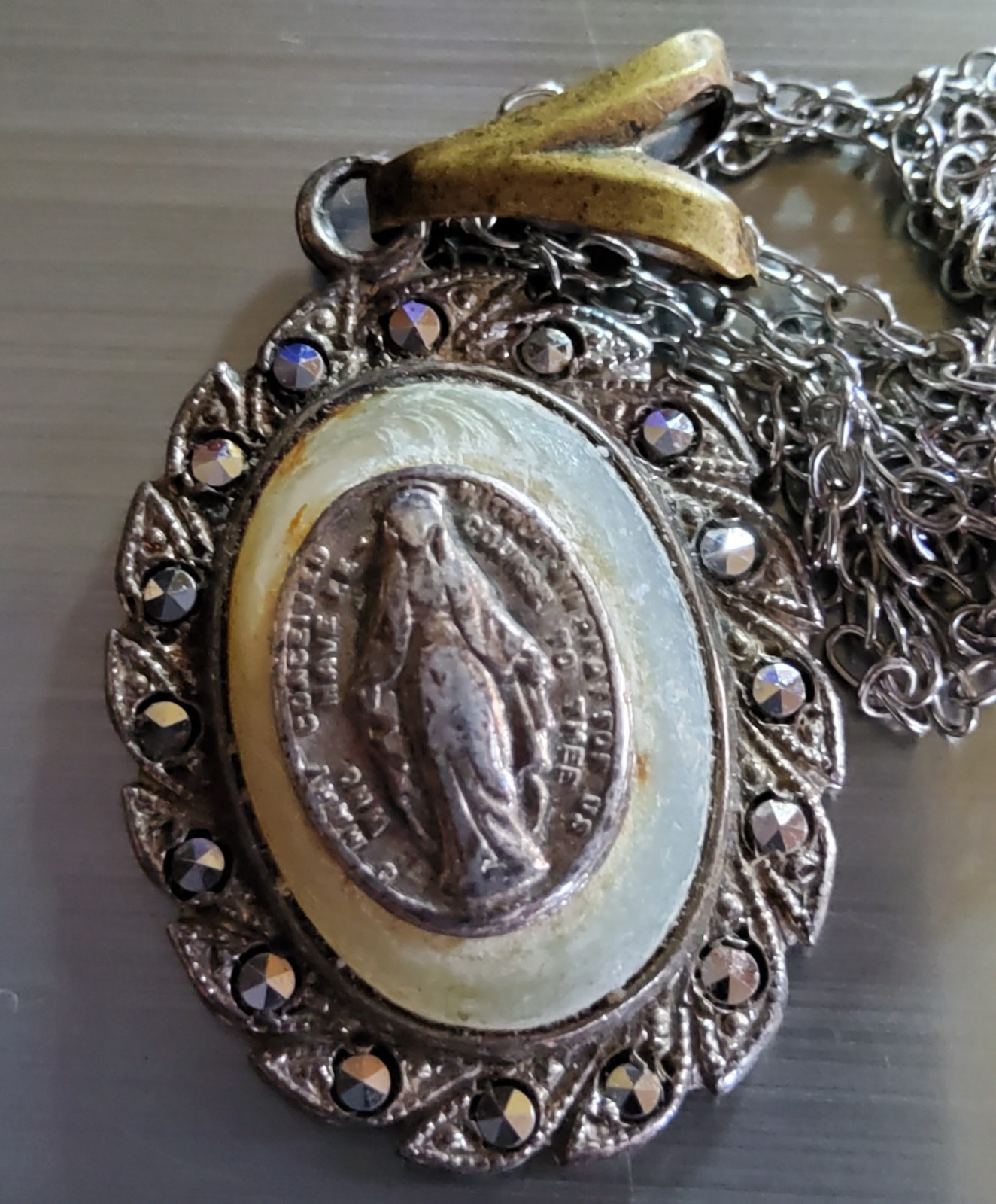 Vtg 925 Sterling Miraculous Metal Mother Of Pearl Marcasite Pendant Virgin Mary