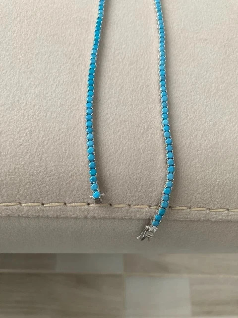 3MM Round Cut Blue Turquoise Tennis Women’s Necklace 18” 14k White Gold Plated