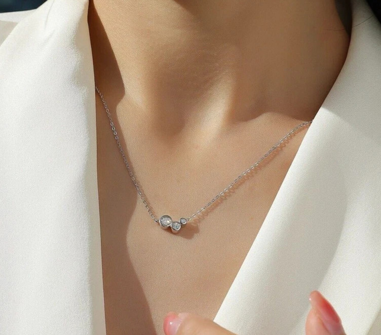 3 Stone Necklace 2/7 Ct Round Moissanite 14K White Gold Plated Free Chain