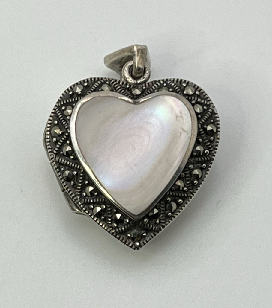 PINK MOP & MARCASITE Secret Poison Pill HEART PENDANT Solid Sterling Silver 925