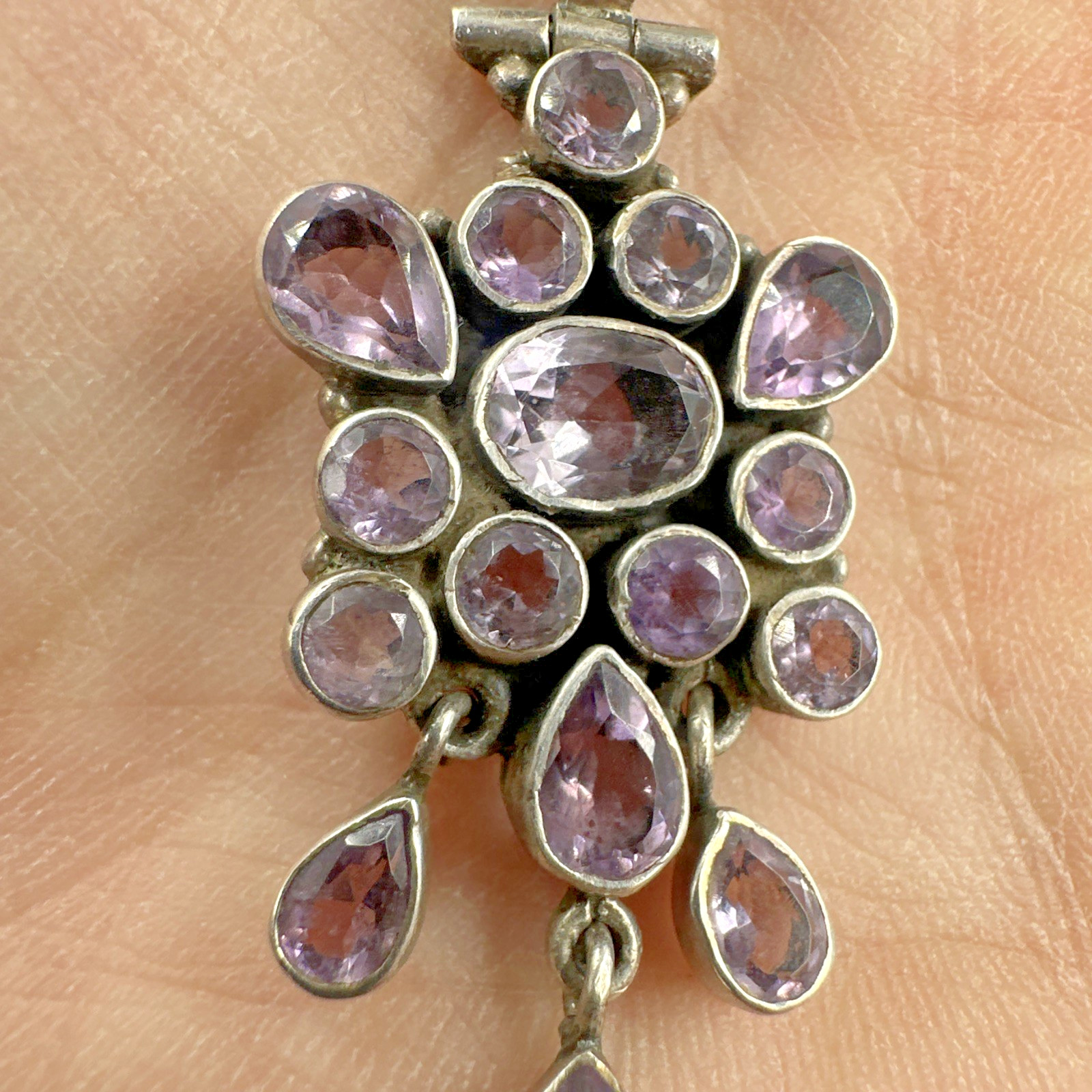 Vintage Amethyst Handmade Sterling Silver Cluster Pendant on 18″ 925 Necklace