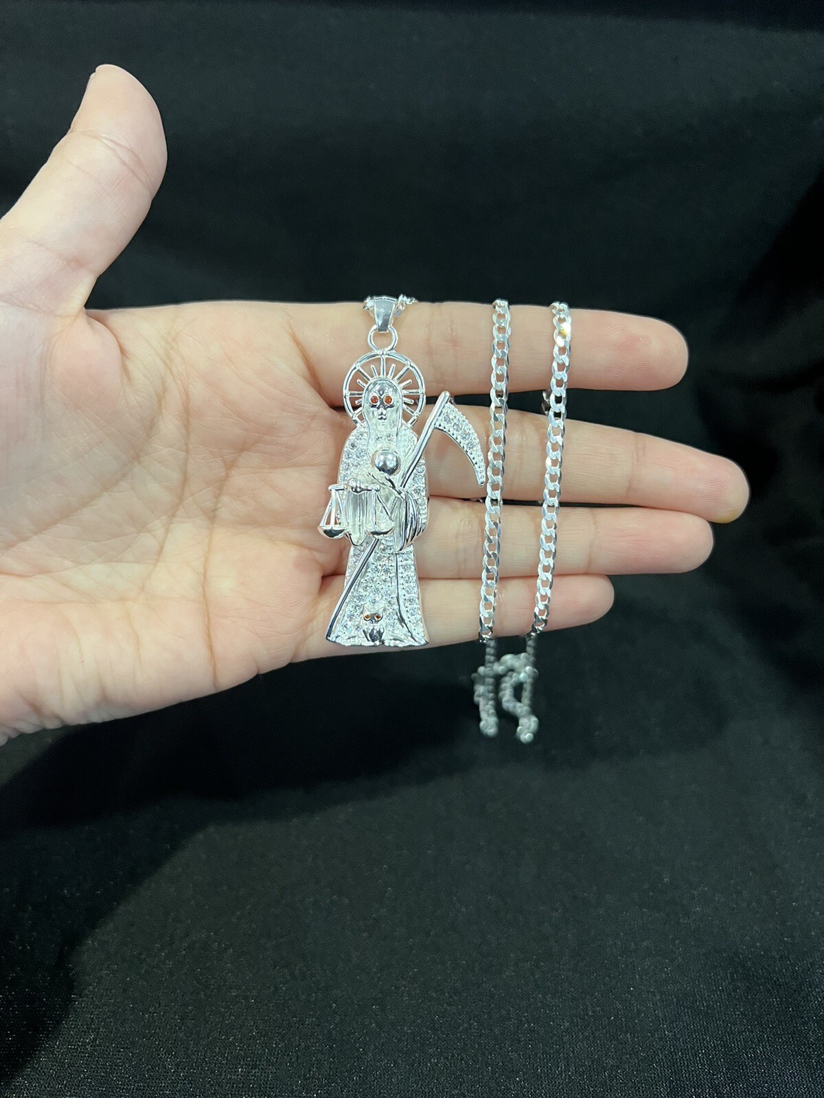 925 Sterling Silver Men CZ Santa Muerte Grim Reaper & Curb Chain 20 24 30