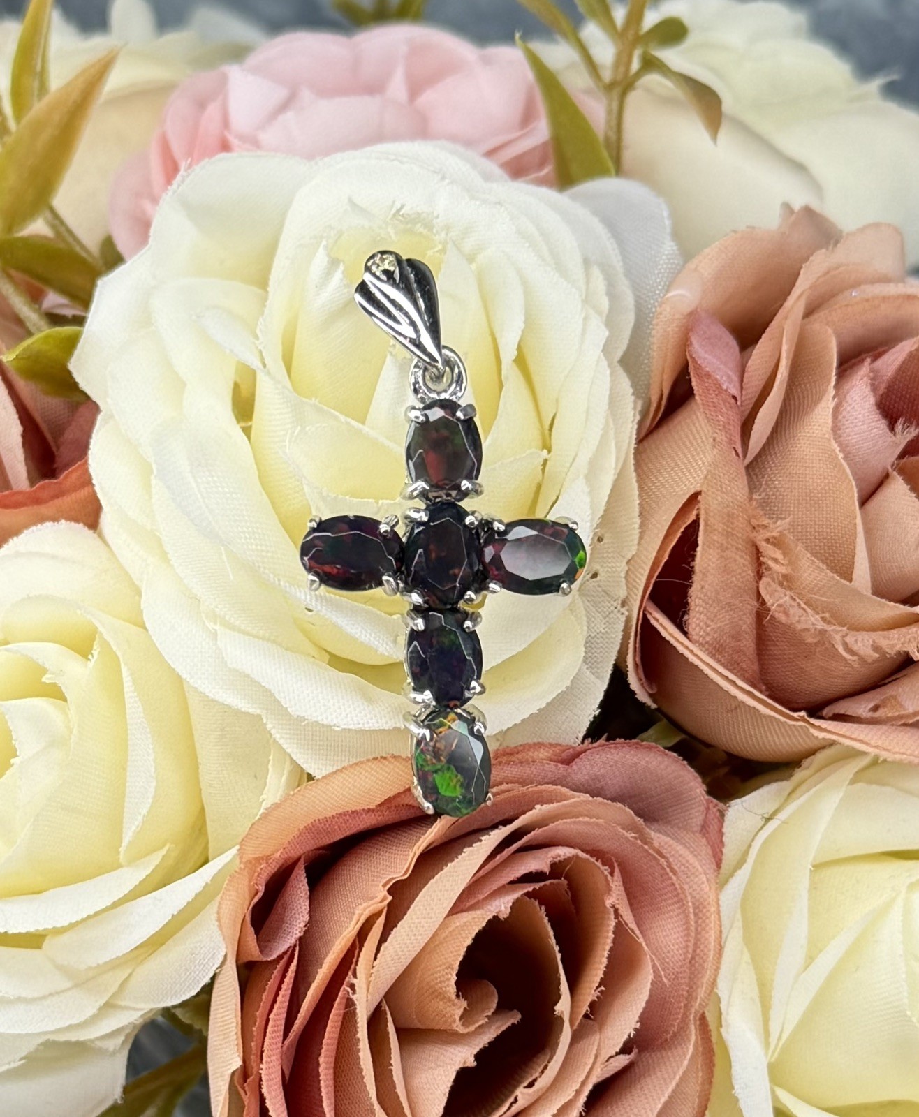 Stunning Natural Rainbow Black Opal Cross 3CT Pendant Necklace 925 Sterling