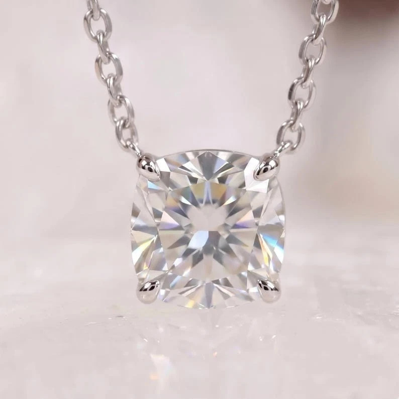 1Ct Cushion Cut Lab Created Moissanite Solitaire Pendant Necklace 18″ 925 Silver