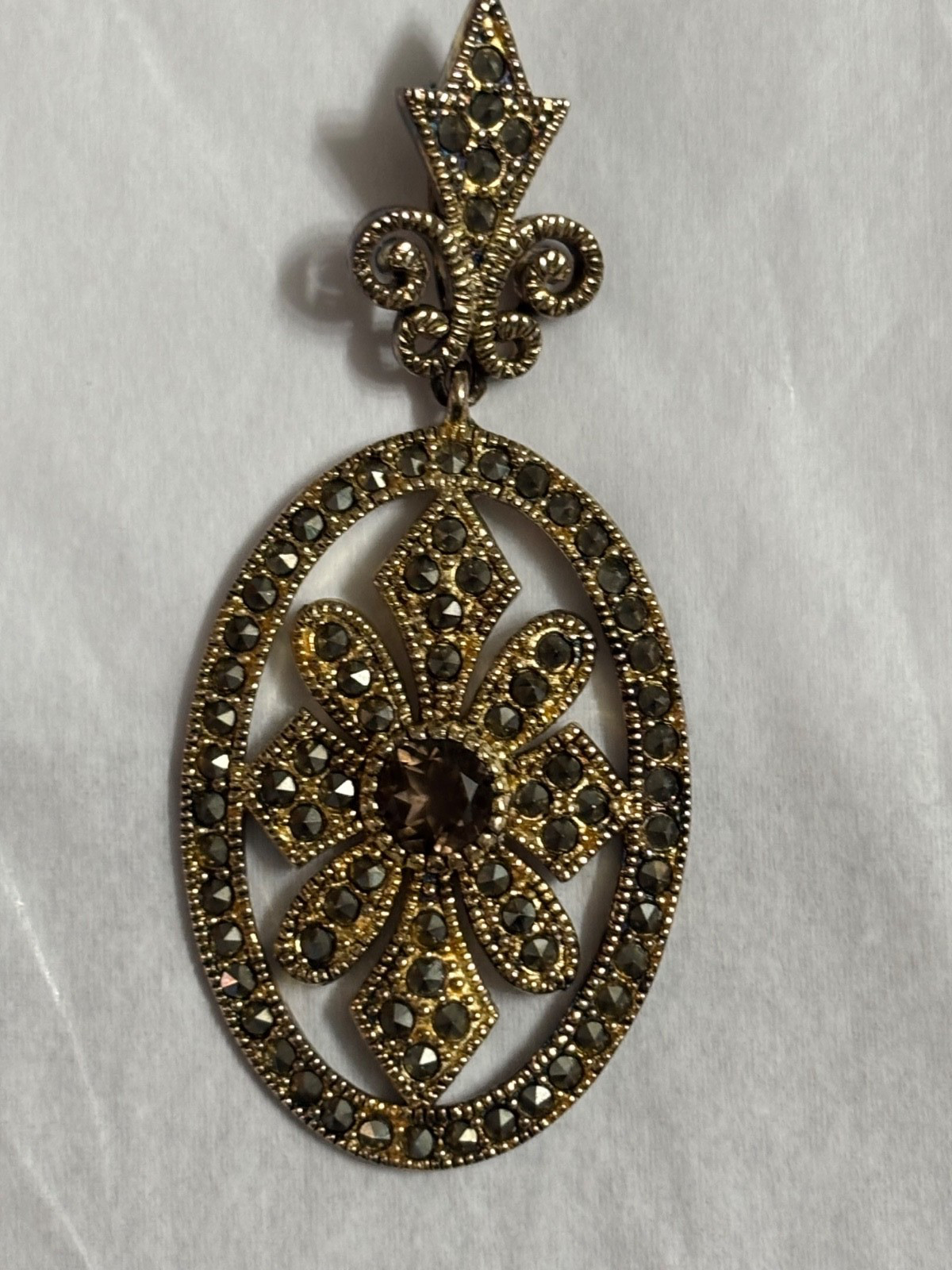 Designer NF Sterling Silver 925 Gold Tone Marcasite Oval Pendant