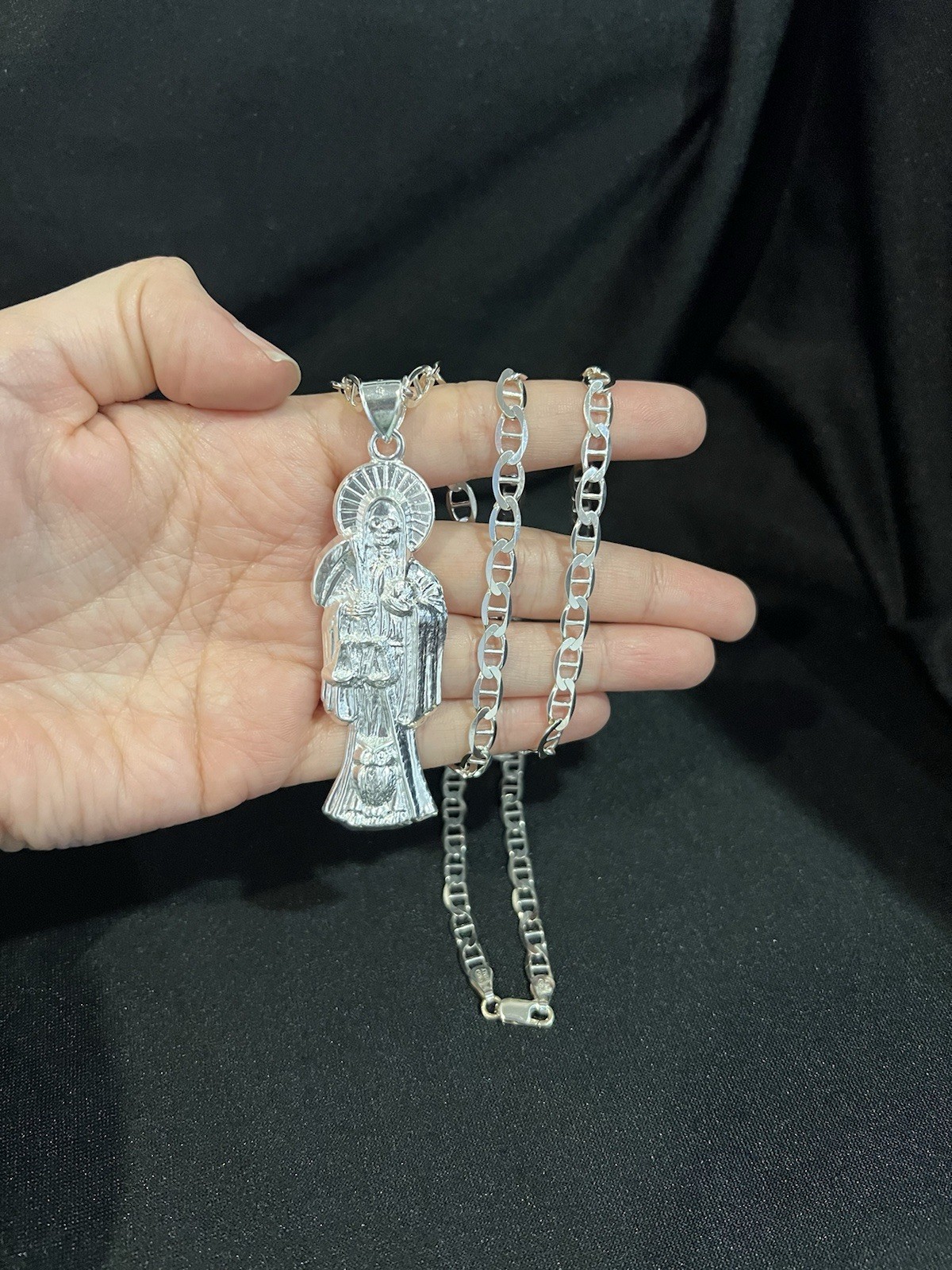 925 Sterling Silver Men Lady Santa Muerte Big Grim Reaper Mariner Chain 22 26 30